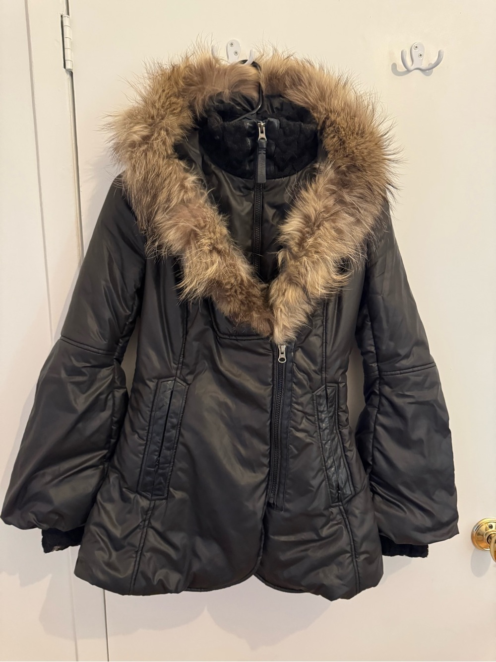 Mackage Women's Black Hooded Puffer Coat with Fur Trim - Picture 2 of 6